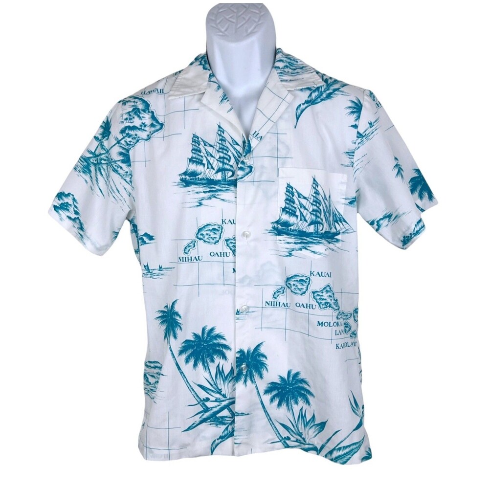 Vintage Rai Nani Hawaiian Shirt Men Small White Green Map Graphic Tropical